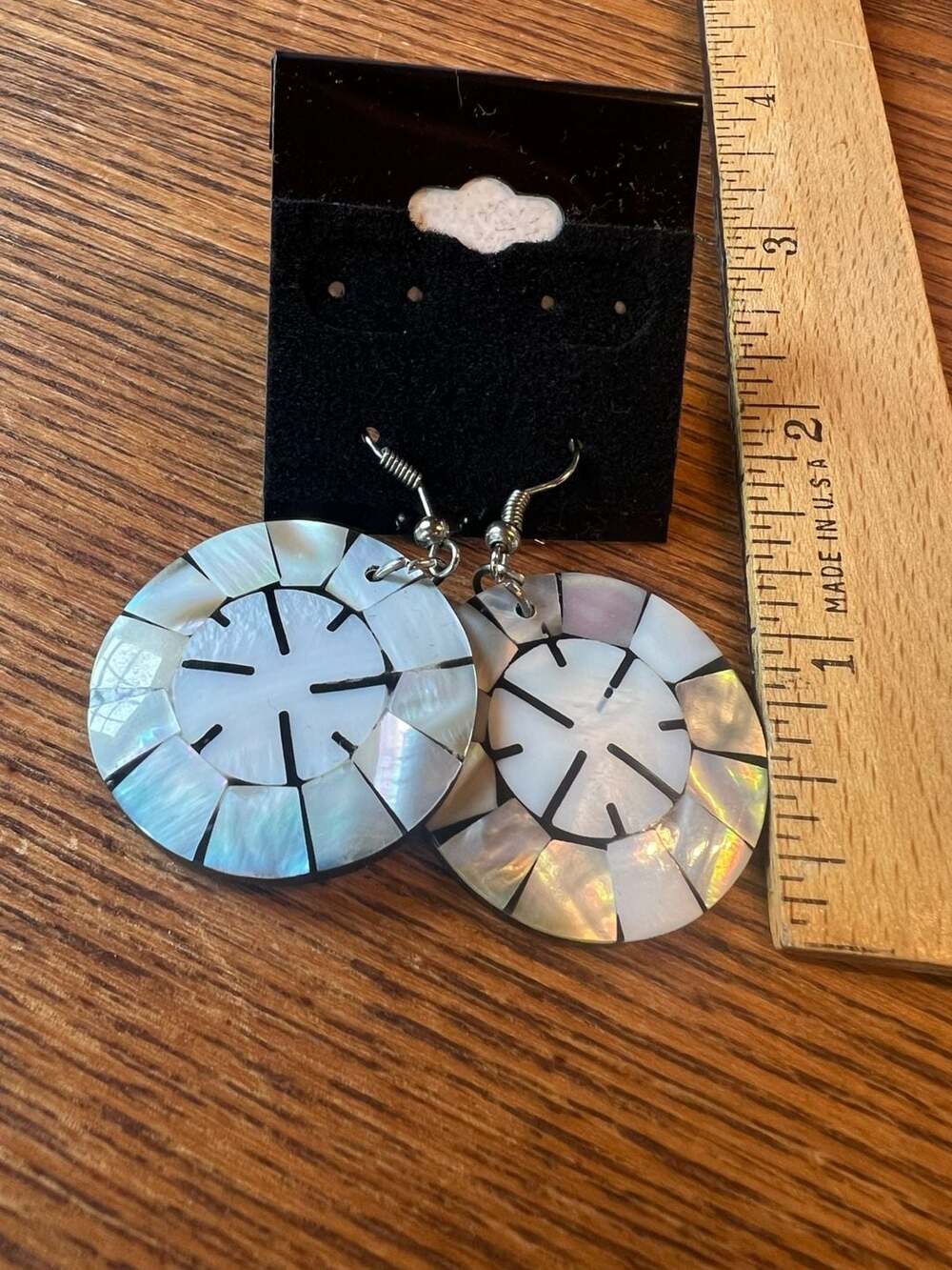 Mother of Pearl and Black Resin Inlaid Circular Dangle Earrings